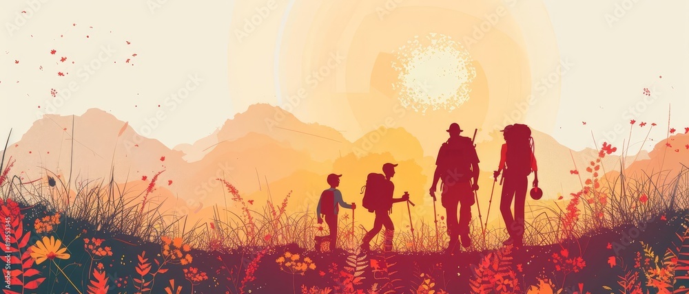 Travel scene with diverse family hiking in nature, illustrated in a minimalist design Travel scene with diverse family hiking in nature, illustrated in a minimalist design