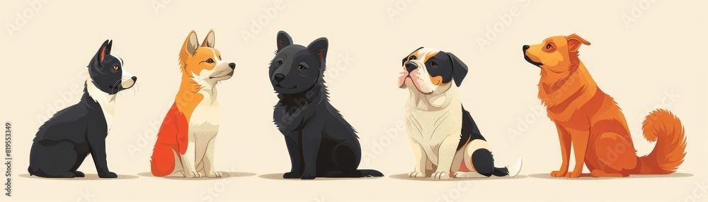 Animalthemed illustration with pets of different breeds, using clean lines and minimalist design