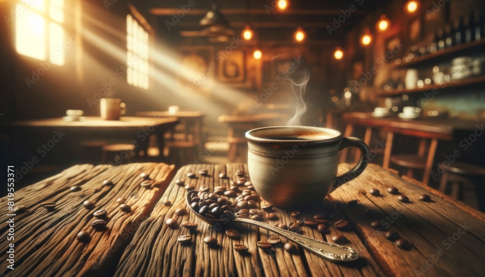 Cozy Coffee Shop with Steaming Cup and Beans. Cozy Coffee Shop with Steaming Cup and Beans.