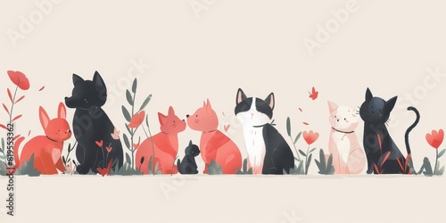 Animalthemed minimalist illustration featuring a diverse group of pets playing together photo