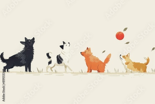 Animalthemed minimalist illustration featuring a diverse group of pets playing together