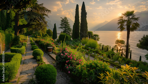 Botanical Garden on Lake Garda in Italy at sunset photo