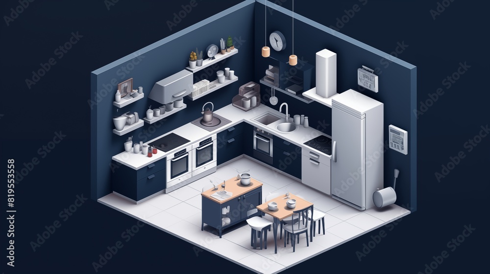 Vector concept isometric kitchen view, navy blue wall, modern Scandinavian design elements