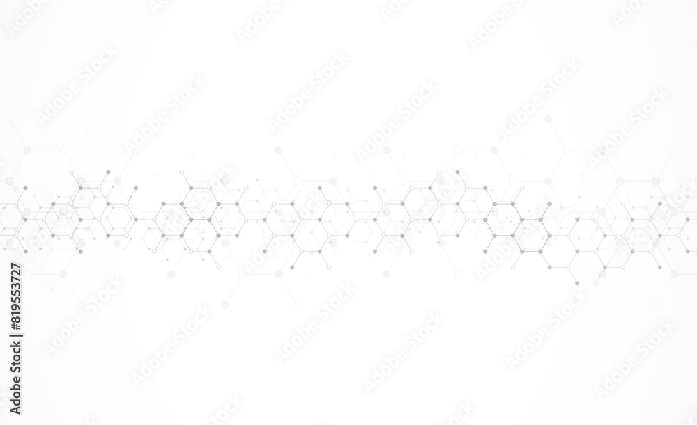 Hexagons pattern on gray background. Genetic research, molecular structure. Chemical engineering. Concept of innovation technology. Used for design healthcare, science and medicine background Hexagons pattern on gray background. Genetic research, molecular structure. Chemical engineering. Concept of innovation technology. Used for design healthcare, science and medicine background