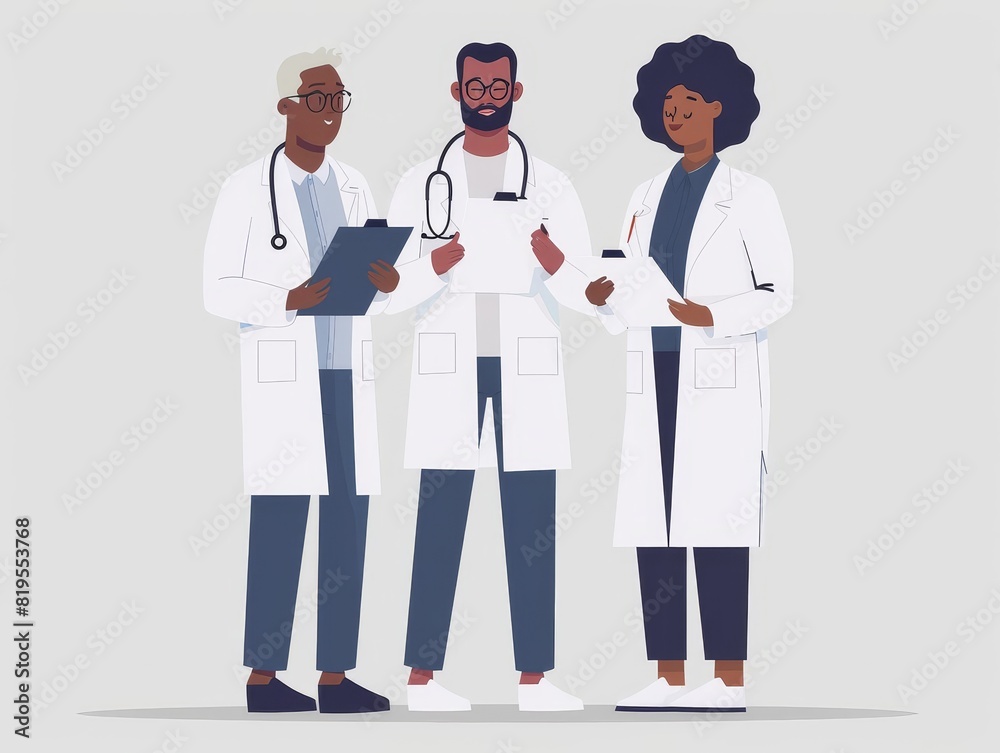 Healthcare professionals of different ethnicities collaborating in a minimalist hospital setting Healthcare professionals of different ethnicities collaborating in a minimalist hospital setting