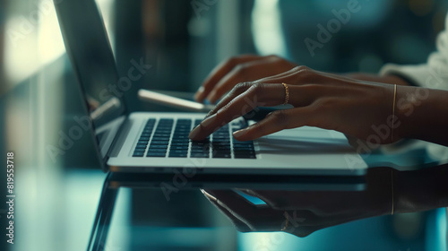 With a digital tablet lying on the office table nearby the close-up shot captures the swift movements of a businesswoman's fingers on her laptop keyboard.