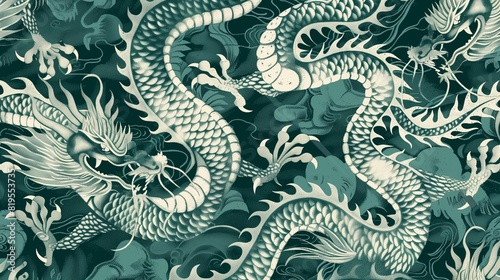 a seamless pattern that celebrates the mythical elegance of dragons, styled in an ancient Chinese motif.