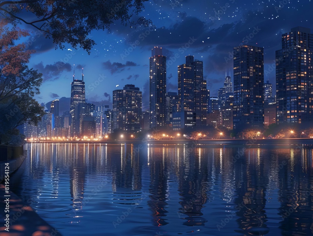 Fototapeta premium Stunning cityscape at night with illuminated skyscrapers reflecting in the calm river, under a starlit sky. Urban landscape beauty.