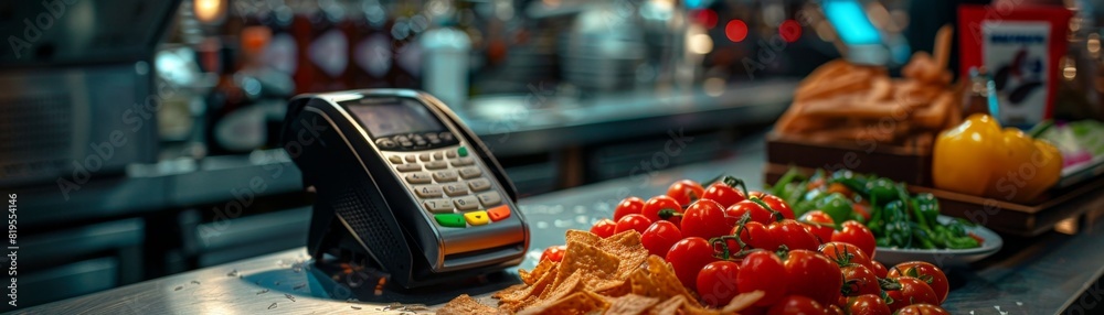 A cozy restaurant counter with a payment terminal and fresh vegetables ready for preparation, capturing the essence of local cuisine. A cozy restaurant counter with a payment terminal and fresh vegetables ready for preparation, capturing the essence of local cuisine.