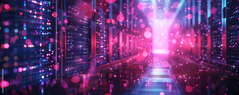 Obraz premium A futuristic data center with glowing pink and blue lights, symbolizing advanced technology, connectivity, and digital innovation.