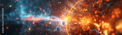 Abstract visualization of atomic fusion, depicting the vibrant collision of particles with intricate energy patterns, light trails, and sparks.