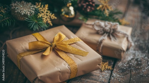 Christmas presents wrapped in vintage brown paper with a golden ribbon with a decorated fur tree