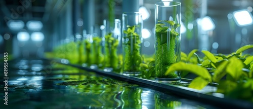 Close-up of green seedlings in laboratory glassware on a reflective surface, representing biotechnology and plant science research.