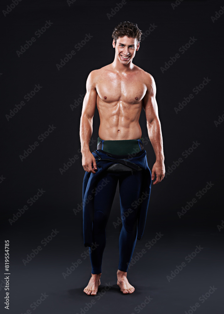 Studio background, portrait of surfer or happy for sports, fitness and training for competition event. Professional athlete, male person or model and man with mockup, muscle or abs with pride Studio background, portrait of surfer or happy for sports, fitness and training for competition event. Professional athlete, male person or model and man with mockup, muscle or abs with pride