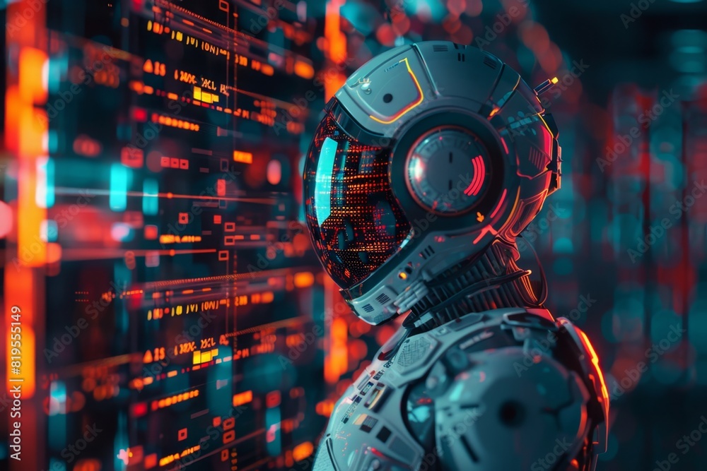Futuristic robot analyzing data on a digital interface in a high-tech environment, showcasing advanced artificial intelligence technology. Futuristic robot analyzing data on a digital interface in a high-tech environment, showcasing advanced artificial intelligence technology.