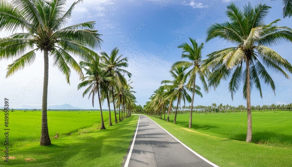Obraz premium A beautiful wide clear road green land both side palm trees road side with palm trees