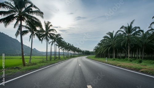 A beautiful wide clear road green land both side palm trees road side with palm trees