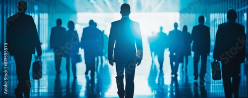 Silhouetted business people walking through modern hallway with bright light background, representing corporate life and busy workday.