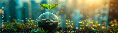 Small plant growing in a glass dome with a cityscape in the background, symbolizing environmental sustainability and urban green initiatives. photo