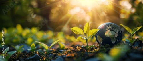 Small plant sprouts on soil with mini Earth globe, symbolizing growth, sustainability, and environmental conservation under sunlit background. photo