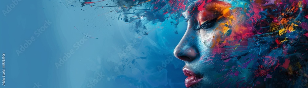 Vibrant artistic portrait of a woman's face blending into colorful abstract artistry with a serene, dreamy expression.