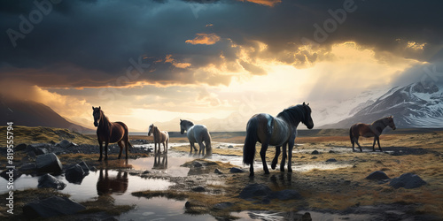 A herd of horses near the river in beautiful landscape. photo
