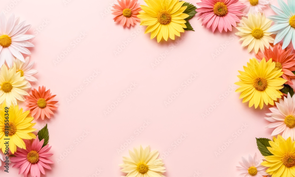 Pastel backdrop with mixed flowers at base creating natural frame for copy space above, white, yellow and pink, spring or summer themes and messages, bright and cheerful mood