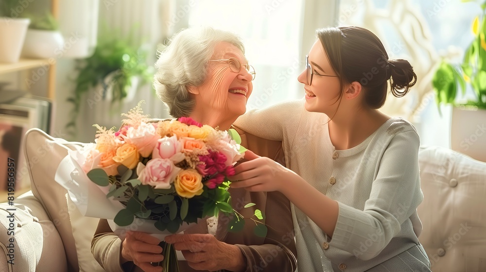 A daughter giving flower bouquet to her mother in the living room A daughter giving flower bouquet to her mother in the living room