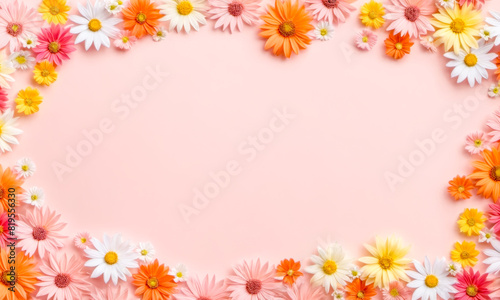 Bright floral frame with various colorful flowers on pink background, perfect for spring or summer themes, invitations, or announcements