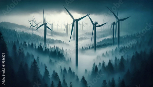 Wind turbines in a foggy forest, Energy sources for renewable, Ecology concept Generative AI technology.