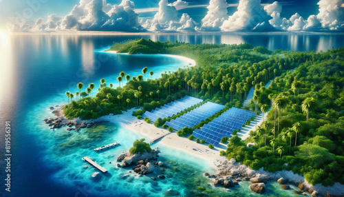 Solar panels on a remote island, Energy sources for renewable, Ecology concept Generative AI technology. © tanayoch