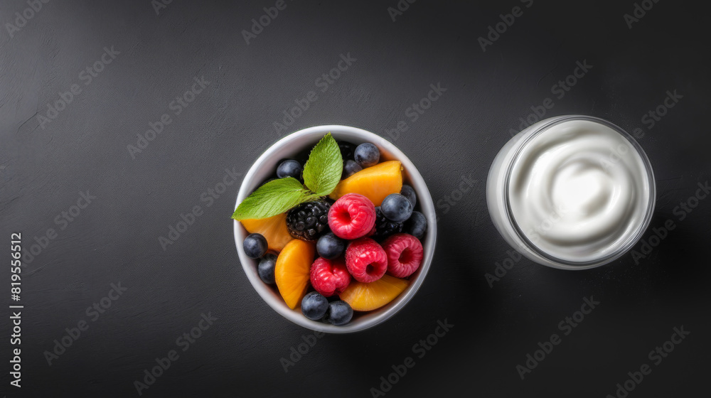 Fototapeta premium Creamy Yogurt Adorned with Fresh Raspberries Blueberries top view, Set Against Contrasting Dark Backdrop Offering Copy Space for Advertising Content