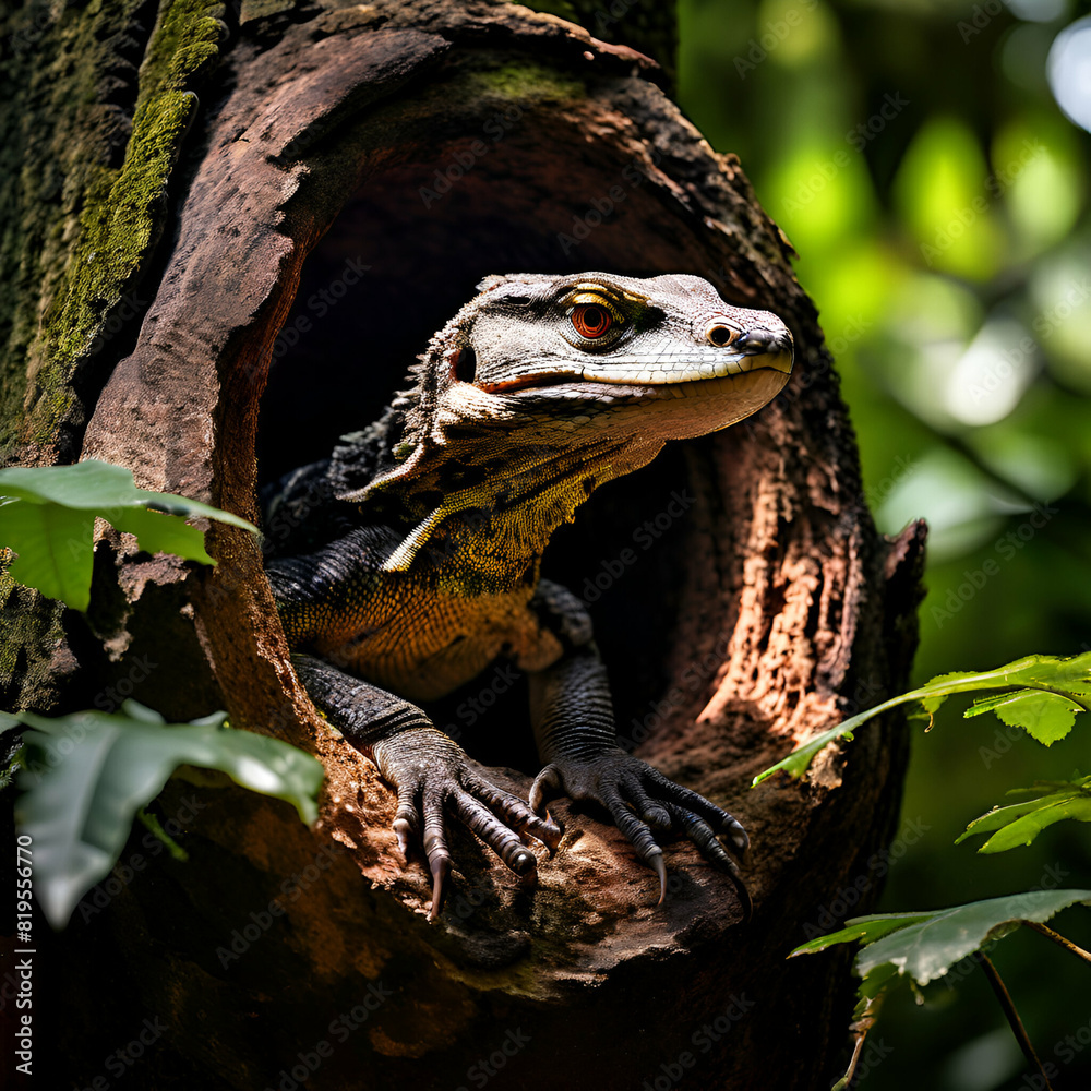 monitor lizard perches from a tree hollow at the botanic garden monitor lizard perches from a tree hollow at the botanic garden