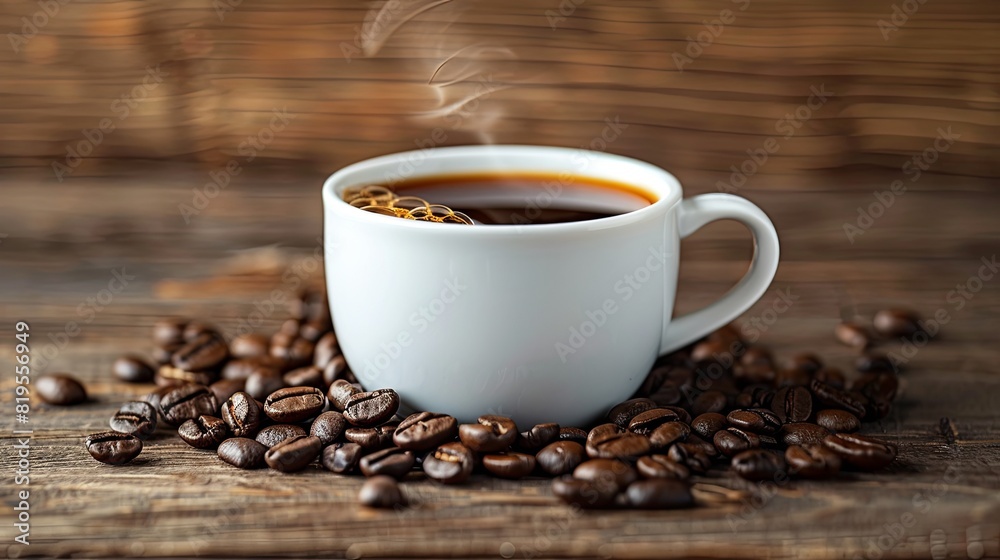 Steaming black coffee in a white cup with a natural swirl, surrounded by coffee beans on a weathered wooden background