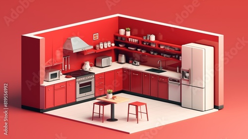 Vector concept of a 3D isometric kitchen interior design with red wall, modern minimalist style © Naseem
