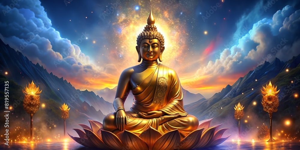 Thai golden buddha statue and lotus flower. heaven background Thai golden buddha statue and lotus flower. heaven background