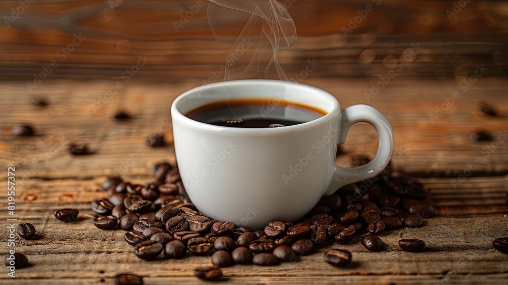 Steaming black coffee in a white cup with a natural swirl, surrounded by coffee beans on a weathered wooden background Steaming black coffee in a white cup with a natural swirl, surrounded by coffee beans on a weathered wooden background