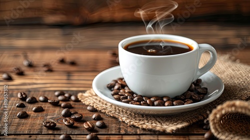 Steaming black coffee in a white cup with a natural swirl  surrounded by coffee beans on a weathered wooden background