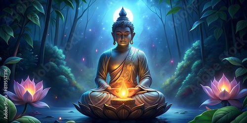 Thai golden buddha statue and lotus flower. heaven background