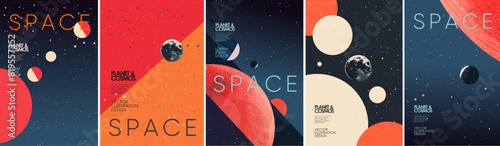 Space, planets and galaxy. Set of futuristic space posters featuring planets, cosmos, and abstract geometric shapes. Perfect for astronomy enthusiasts, science fiction themes, and modern wall art photo