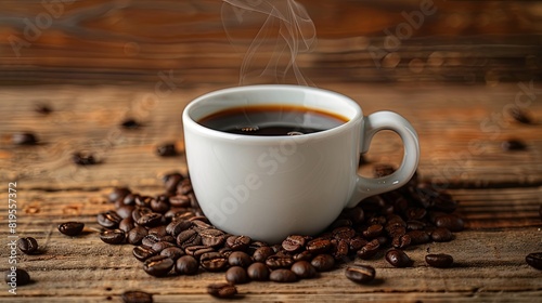 Steaming black coffee in a white cup with a natural swirl  surrounded by coffee beans on a weathered wooden background
