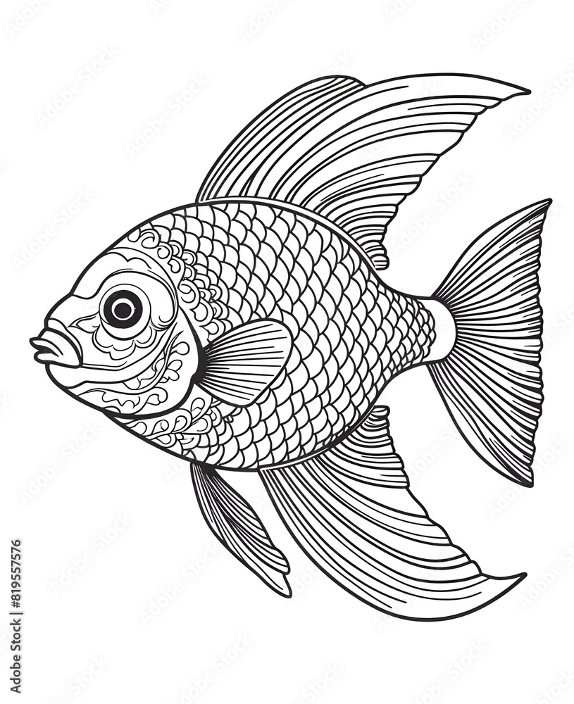 Fototapeta premium Betta fish coloring page design clear background, mandalas design, and print design, sea life coloring page illustration,Fish with Detailed Pattern isolated on white background, mandalas design, line 
