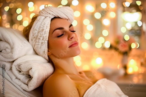 A woman relaxing at a spa  wrapped in towels with a serene expression  in a luxurious and calm environment.