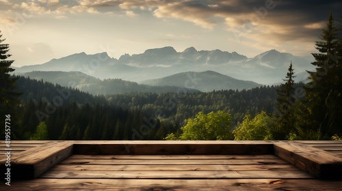 rustic wooden podium, in an outdoor setting with mountains and trees in the background, mood of nature and tranquility