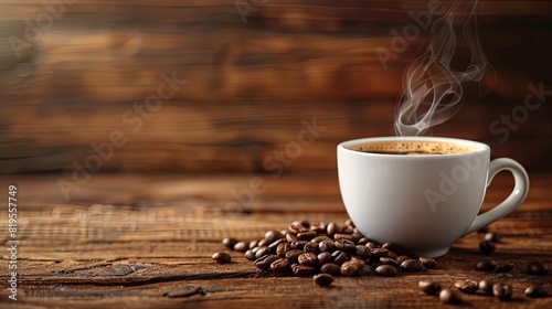 White coffee cup filled with steaming black coffee and a natural swirl  with beans scattered on a wooden background