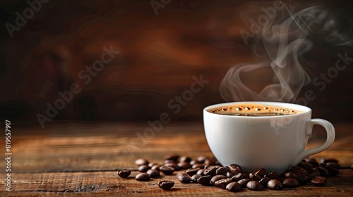 White cup of steaming black coffee with a natural swirl, coffee beans scattered on a rustic wooden background
