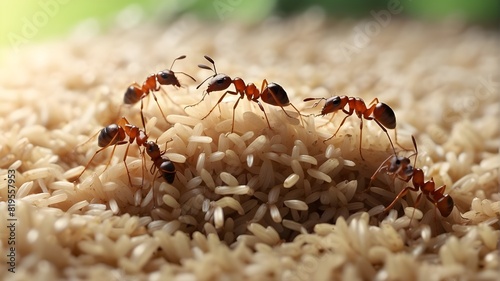 Together, a group of ants gathers grains
