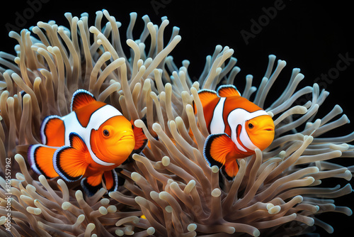 Sea anemone and clown fish in marine aquarium. On black background © Linggakun