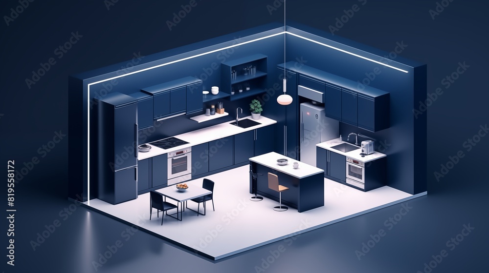 Vector concept of a 3D isometric kitchen interior design with navy blue wall, modern minimalist style