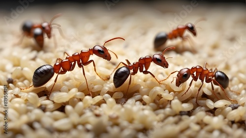 Together, a group of ants gathers grains